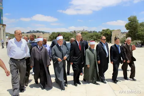 Newly appointed Palestinian Prime Minister Rami Hamdallah, visits the Dome of the Rock shrine in Jerusalem Sunday, June 16, 2013. Hamdallah said the PA is trying to build support for Jerusalem in Arab and international c...