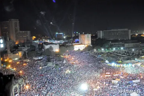 Egyptian opponents of ousted president Mohamed Morsi gather at Tahrir Square in Cairo, Egypt, 26 July 2013. Egyptian authorities on 26 July ordered ousted president Mohammed Morsi to be detained for 15 days pending furth...