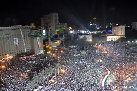 Egyptian opponents of ousted president Mohamed Morsi gather at Tahrir Square in Cairo, Egypt, 26 July 2013. Egyptian authorities on 26 July ordered ousted president Mohammed Morsi to be detained for 15 days pending furth...