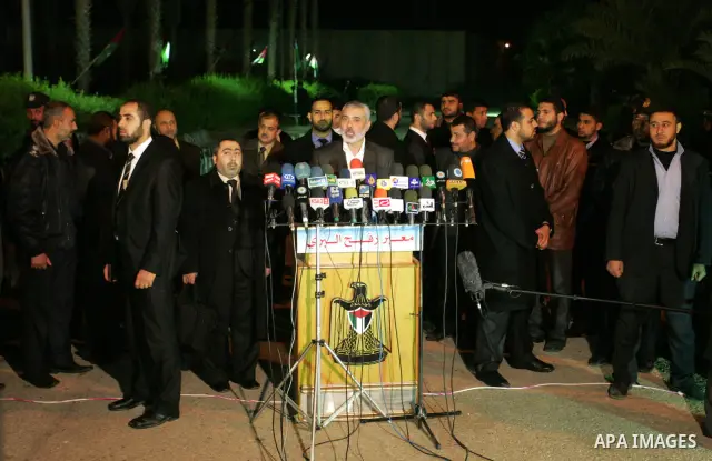 Palestinian Prime Minister in Gaza Strip, Ismail Haniyeh, speaks during press conference while his arrival at Rafah Crossing in the southern Gaza Strip January 10, 2012. Haniyeh returned to Gaza on Tuesday after making a...
