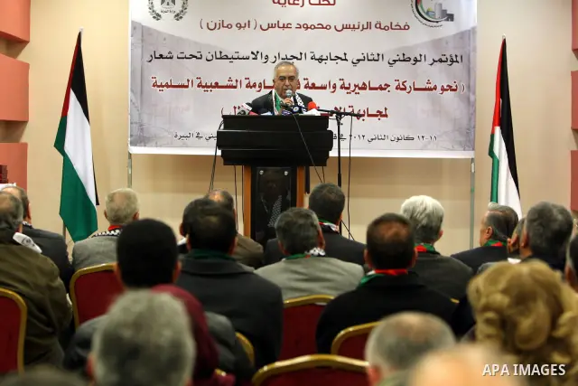 Palestinian Prime Minister, Salam Fayyad, during his participation in the Second National Conference to face the wall and settlements under the theme "Towards a broad public participation in the peaceful popular resistan...