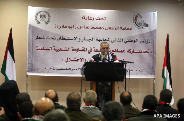 Palestinian Prime Minister, Salam Fayyad, during his participation in the Second National Conference to face the wall and settlements under the theme "Towards a broad public participation in the peaceful popular resistan...