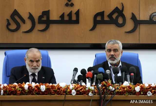 Palestinian Prime Minister in Gaza Strip, Ismail Haniyeh, speaks the latest developments Political after his tour to the Arab countries and Turkey, during the meeting of the Palestinian Legislative Council members of the...