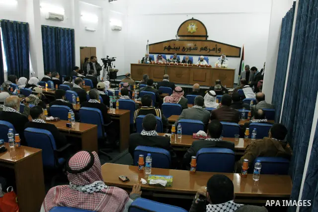 Palestinian Legislative Council members of the mass of change and reform during meeting convoy of "Miles of Smiles 8" at the parliament headquarters in Gaza city on Jan. 15, 2012. Photo by Mohammed Asad