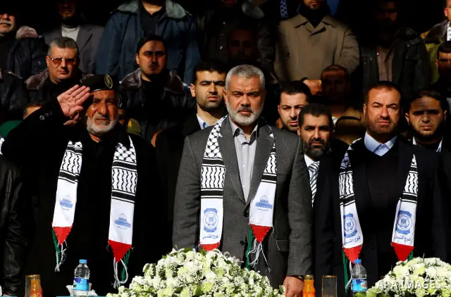 Palestinian Prime Minister in Gaza Strip, Ismail Haniyeh, attends a graduation ceremony Palestinian members of Hamas security forces in Gaza City on Jan. 16, 2012.16, 2012. Photo by Ashraf Amra