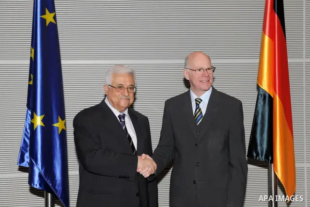Palestinian President Mahmoud Abbas meets with the head of German Parliament, Norbert Lammert at the parliament headquarters in Berlin,Thursday, Jan. 19,2012. Photo by Thaer Ganaim