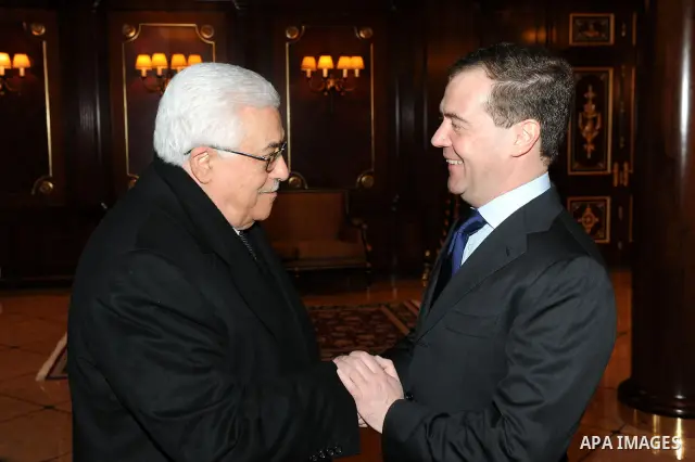 Palestinian President Mahmoud Abbas meets with Russian President Dmitry Medvedev in Gorki residence outside Moscow on Friday on January 20, 2012. Photo by Thaer Ganaim