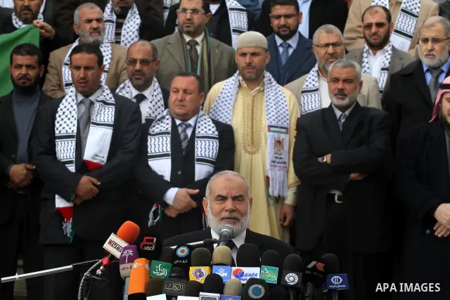 Palestinian Legislative Council members participate in a press conference during a protest in Gaza City on January 21, 2012 in solidarity with Palestinian parliamentary speaker and Hamas member Aziz Dweik, who was arrest...