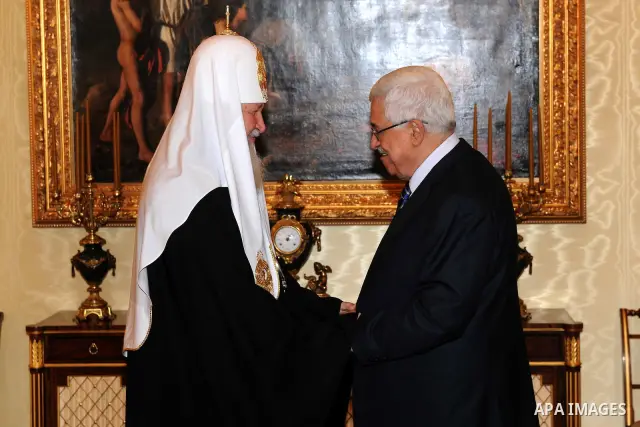 Palestinian President Mahmoud Abbas (Abu Mazen) meets with the Patriarch of Russia's Orthodox Cyrilos, in Moscow, on Jan. 21, 2012. Photo by Thaer Ganaim