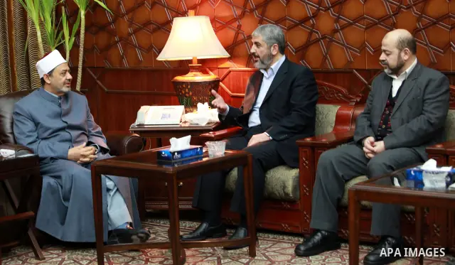 Senior Hamas leader Khaled Mashal meets with al-Azhar Sheikh, Ahmed al-Tiab in Cairo, Egypt on Jan. 24,2012. Photo by Mohammed al-Hams