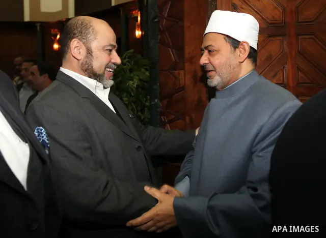 Senior Hamas leader Mousa Abu Marzouk meets with al-Azhar Sheikh, Ahmed al-Tiab in Cairo, Egypt on Jan. 24,2012. Photo by Mohammed al-Hams
