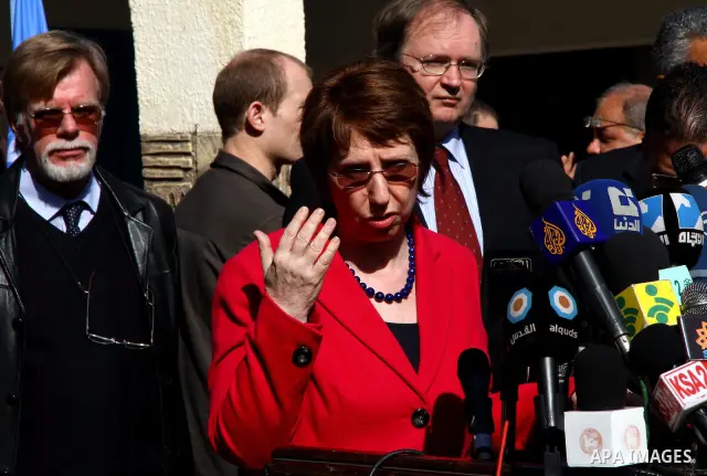EU Foreign Policy chief Catherine Ashton speaks during a news conference at the United Nations Relief and Works Agency (UNRWA) headquarters in Gaza City January 25, 2012. Photo by Ashraf Amra
