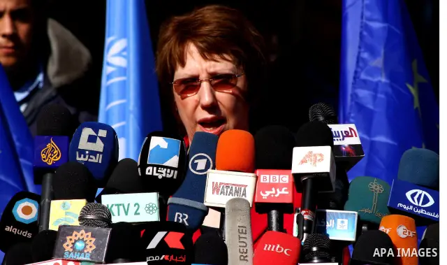 EU Foreign Policy chief Catherine Ashton speaks during a news conference at the United Nations Relief and Works Agency (UNRWA) headquarters in Gaza City January 25, 2012. Photo by Ashraf Amra