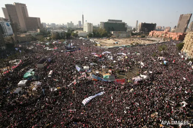 Egyptian demonstrators gather to celebrate the one year anniversary of the 25th January uprising at Tahrir square in Cairo, Egypt, 25 January 2012. One year earlier the same day Egyptians started an uprising which result...