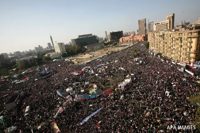 Egyptian demonstrators gather to celebrate the one year anniversary of the 25th January uprising at Tahrir square in Cairo, Egypt, 25 January 2012. One year earlier the same day Egyptians started an uprising which result...
