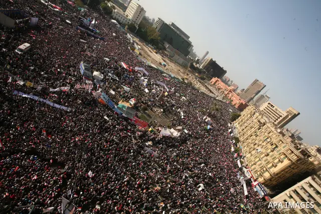 Egyptian demonstrators gather to celebrate the one year anniversary of the 25th January uprising at Tahrir square in Cairo, Egypt, 25 January 2012. One year earlier the same day Egyptians started an uprising which result...