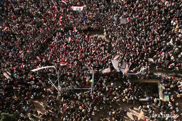 Egyptian demonstrators gather to celebrate the one year anniversary of the 25th January uprising at Tahrir square in Cairo, Egypt, 25 January 2012. One year earlier the same day Egyptians started an uprising which result...