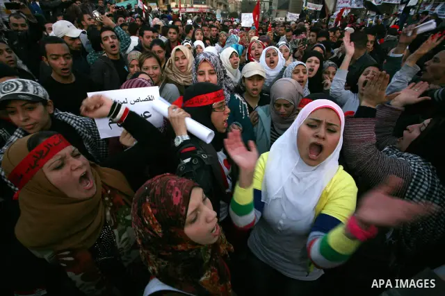 Egyptian demonstrators gather to celebrate the one year anniversary of the 25th January uprising at Tahrir square in Cairo, Egypt, 25 January 2012. One year earlier the same day Egyptians started an uprising which result...