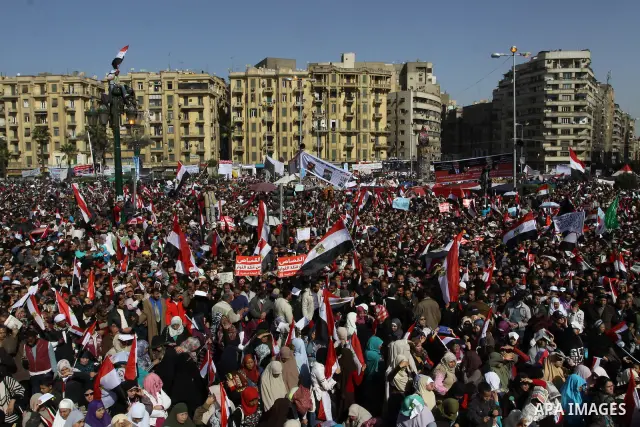 Egyptian demonstrators gather to celebrate the one year anniversary of the 25th January uprising at Tahrir square in Cairo, Egypt, 25 January 2012. One year earlier the same day Egyptians started an uprising which result...