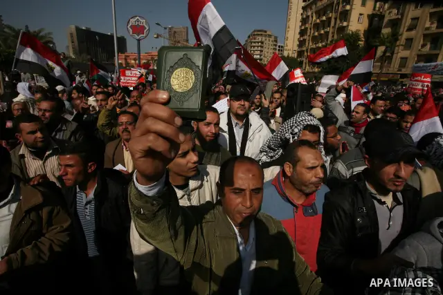Egyptian demonstrators gather to celebrate the one year anniversary of the 25th January uprising at Tahrir square in Cairo, Egypt, 25 January 2012. One year earlier the same day Egyptians started an uprising which result...