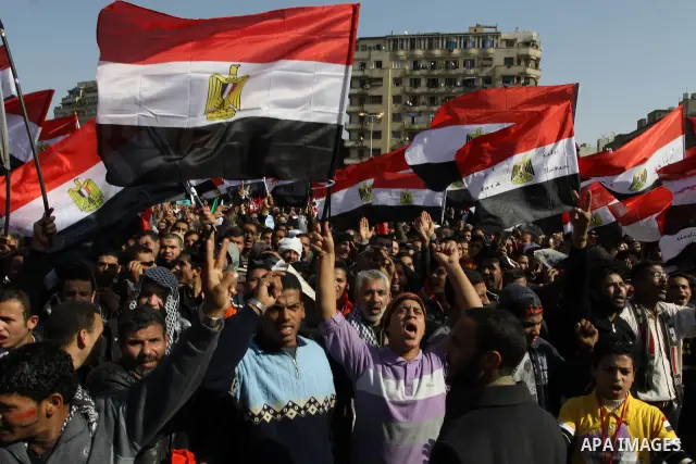 Egyptian demonstrators gather to celebrate the one year anniversary of the 25th January uprising at Tahrir square in Cairo, Egypt, 25 January 2012. One year earlier the same day Egyptians started an uprising which result...