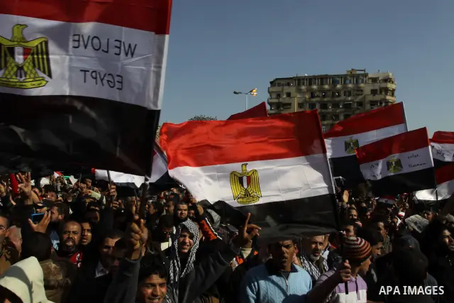 Egyptian demonstrators gather to celebrate the one year anniversary of the 25th January uprising at Tahrir square in Cairo, Egypt, 25 January 2012. One year earlier the same day Egyptians started an uprising which result...