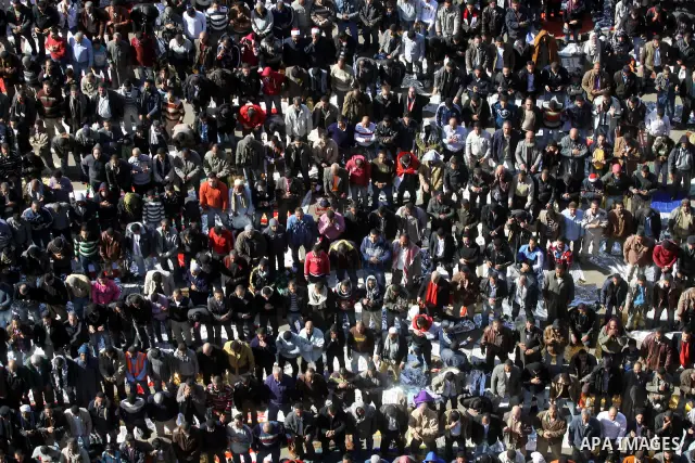 Thousands of Egyptian protesters attend a rally in Cairo's Tahrir Square on January 27, 2012 to demand democratic change, a year after the uprising that toppled Hosni Mubarak. Photo by Naaman Omar