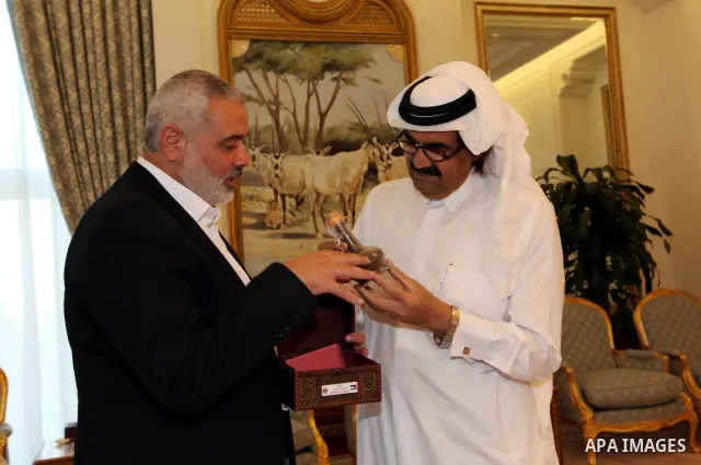 Palestinian Prime Minister in Gaza Strip, Ismail Haniyah meets with the Qatari Emir Sheikh Hamad bin Khalifa Al Thani in the Qatari capital of Doha on Jan. 31,2012. Photo by Mohammed Al-Ostaz