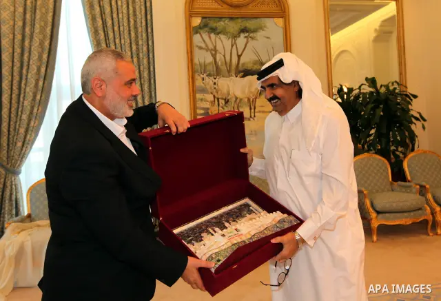 Palestinian Prime Minister in Gaza Strip, Ismail Haniyah meets with the Qatari Emir Sheikh Hamad bin Khalifa Al Thani in the Qatari capital of Doha on Jan. 31,2012. Photo by Mohammed Al-Ostaz