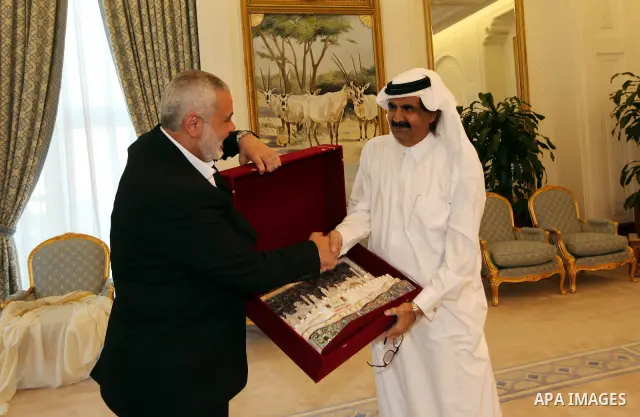 Palestinian Prime Minister in Gaza Strip, Ismail Haniyah meets with the Qatari Emir Sheikh Hamad bin Khalifa Al Thani in the Qatari capital of Doha on Jan. 31,2012. Photo by Mohammed Al-Ostaz
