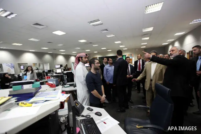 Palestinian Prime Minister in Gaza Strip, Ismail Haniyah visits Al-Jazeera Channel on Jan. 31,2012. Photo by Mohammed Al-Ostaz