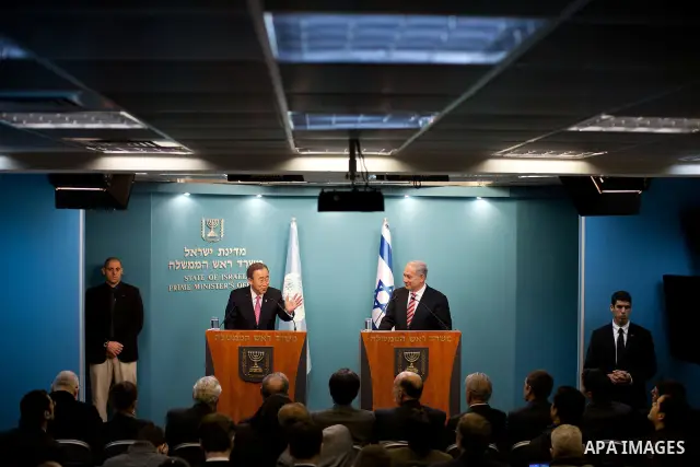 JERUSALEM, ISRAEL - FEBRUARY 01: Israeli Prime Minister Benjamin Netanyahu and UN Secretary-General Ban Ki-moon, as they hold a joint Press Conference on February, 01, 2012. at the Prime Minister's office in Jerusalem, I...