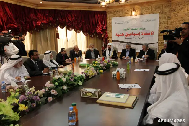 Palestinian Prime Minister in Gaza Strip, Ismail Haniyah, speaks during a meeting at the International Union for Muslim Scholars in the Qatari capital Doha on Feb. 01, 2012. Haniya is on the first leg of a regional tour...