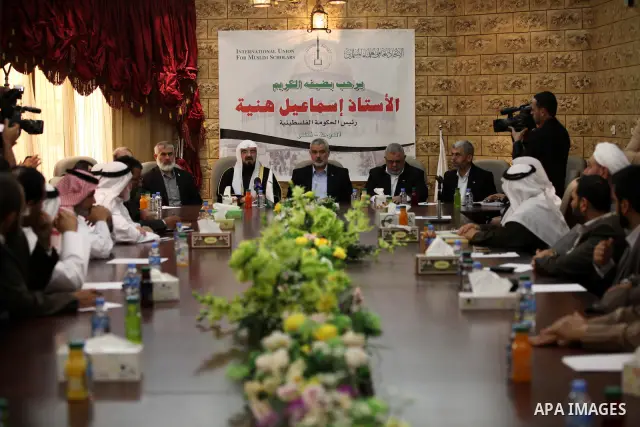 Palestinian Prime Minister in Gaza Strip, Ismail Haniyah, speaks during a meeting at the International Union for Muslim Scholars in the Qatari capital Doha on Feb. 01, 2012. Haniya is on the first leg of a regional tour...
