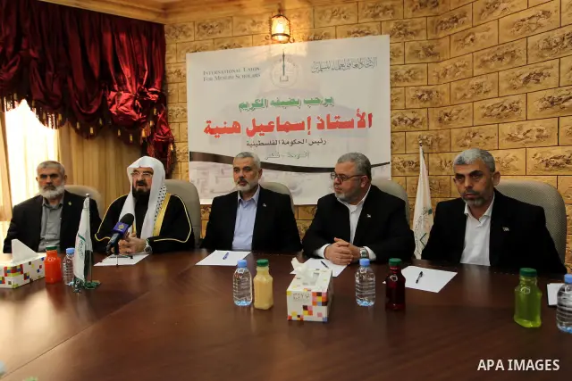 Palestinian Prime Minister in Gaza Strip, Ismail Haniyah, speaks during a meeting at the International Union for Muslim Scholars in the Qatari capital Doha on Feb. 01, 2012. Haniya is on the first leg of a regional tour...