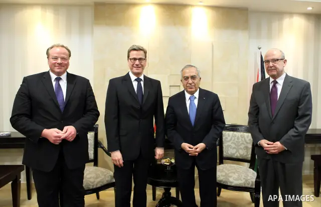 Palestinian Prime Minister, Salam Fayyad meets with German Foreign Minister, Guido Pfister Welle in the West Bank city of Ramallah on Jan. 31, 2012. photo by Mustafa Abu Dayeh