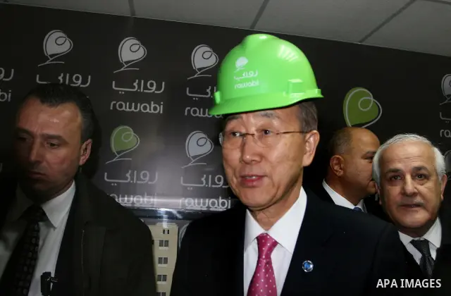UN Secretary-General Ban Ki-moon visits Rawabi, a massive new investment project just north of the west bank city of Ramallah on February 1, 2012. Ban, meeting officials in Jerusalem, called on Israel to refrain from set...