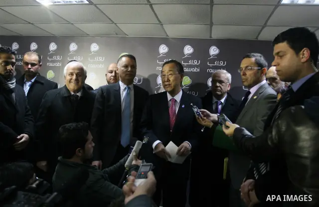 UN Secretary-General Ban Ki-moon visits Rawabi, a massive new investment project just north of the west bank city of Ramallah on February 1, 2012. Ban, meeting officials in Jerusalem, called on Israel to refrain from set...
