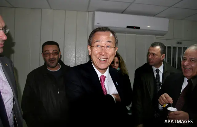 UN Secretary-General Ban Ki-moon visits Rawabi, a massive new investment project just north of the west bank city of Ramallah on February 1, 2012. Ban, meeting officials in Jerusalem, called on Israel to refrain from set...