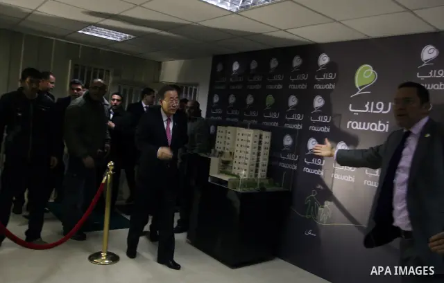 UN Secretary-General Ban Ki-moon visits Rawabi, a massive new investment project just north of the west bank city of Ramallah on February 1, 2012. Ban, meeting officials in Jerusalem, called on Israel to refrain from set...