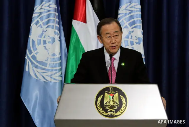 United Nations Secretary-General Ban Ki-moon speaks during a joint press conference with Palestinian president Mahmud Abbas (not seen) in the West Bank city of Ramallah on February 1, 2012. Ban called on Israel to create...