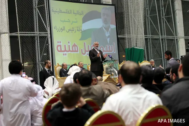 Palestinian Prime Minister in Gaza Strip, Ismail Haniyah during a ceremony organized by the Palestinian community in the Qatari capital of Doha on Feb. 02, 2012. Photo by Mohammed Al-Ostaz