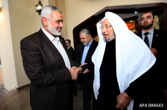 Palestinian Prime Minister in Gaza Strip, Ismail Haniyah, Visit Shaykh ,Yusuf al-Qaradawi, in the Qatari capital of Doha on Feb. 03, 2012. Photo by Mohammed Al-Ostaz