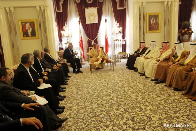 Palestinian Prime Minister in Gaza Strip, Ismail Haniyah meets with Bahrain's King Hamad bin Isa Al Khalifa, in the Bahraini capital of Manama on Feb. 4, 2012. Photo by Mohammed Al-Ostaz