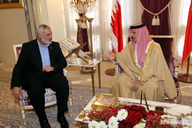 Palestinian Prime Minister in Gaza Strip, Ismail Haniyah meets with Bahrain's King Hamad bin Isa Al Khalifa, in the Bahraini capital of Manama on Feb. 4, 2012. Photo by Mohammed Al-Ostaz