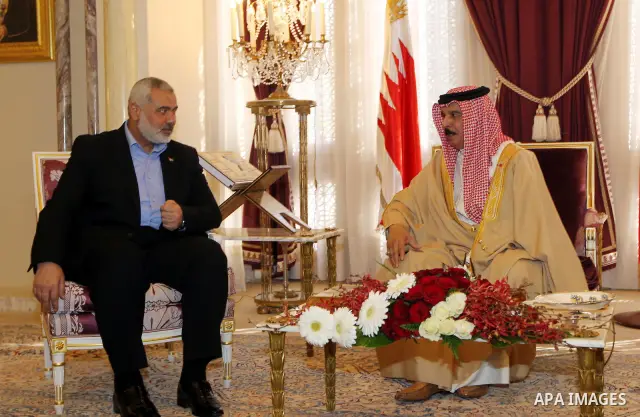Palestinian Prime Minister in Gaza Strip, Ismail Haniyah meets with Bahrain's King Hamad bin Isa Al Khalifa, in the Bahraini capital of Manama on Feb. 4, 2012. Photo by Mohammed Al-Ostaz