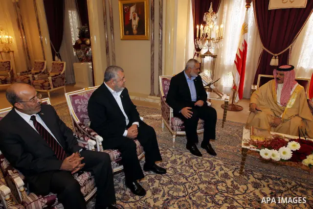 Palestinian Prime Minister in Gaza Strip, Ismail Haniyah meets with Bahrain's King Hamad bin Isa Al Khalifa, in the Bahraini capital of Manama on Feb. 4, 2012. Photo by Mohammed Al-Ostaz