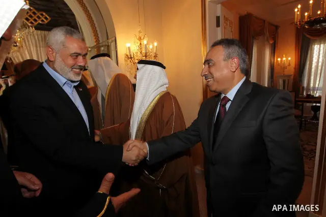 Palestinian Prime Minister in Gaza Strip, Ismail Haniyah meets with Bahrain's King Hamad bin Isa Al Khalifa, in the Bahraini capital of Manama on Feb. 4, 2012. Photo by Mohammed Al-Ostaz
