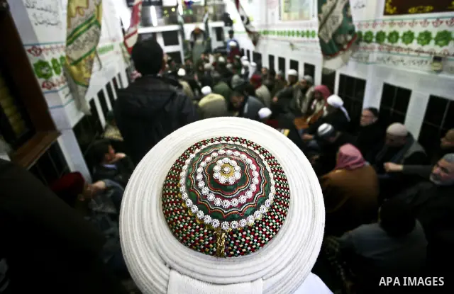 Members of a palestinian Sufi Muslim group play traditional instruments during the birthday of Prophet Mohammad, in Al-Nusirat refugee camp on 04 February 2012. Muslims across the world celebrated the birth of the Prophe...