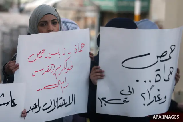 Palestinians hold Syrian flags and signs as they join a demonstration in the West Bank city of Ramallah on Feb 05, 2012. Photo by Issam Rimawi